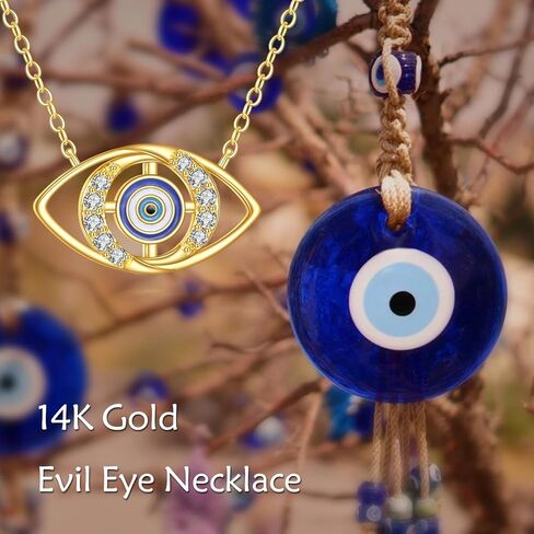 SISGEM Solid 14K Gold Evil Eye Necklace for Women,14kt Real Gold Evil Eye Good Lucky Protection Pendant Necklace Jewelry Gifts for Her Wife Mom Christmas Birthday,16+2 Inch in Saudi Arabia