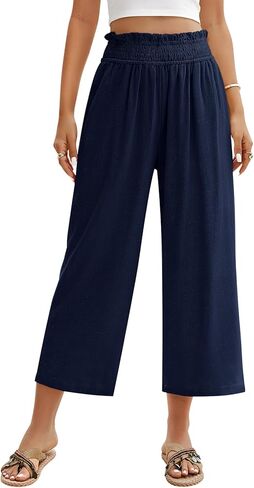 سراويل كابري للسيدات من HEEKPEK سراويل واسعة الساق غير رسمية مرنة عالية الخصر سراويل عصرية للشاطئ متدفقة مع جيوب in Kuwait