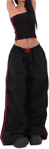 Women's Y2K Baggy Cargo Parachute Pants Elastic Waist Wide Leg Lightweight Quick-Dry Contrast Stripe American Retro in Saudi Arabia