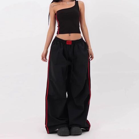 Women's Y2K Baggy Cargo Parachute Pants Elastic Waist Wide Leg Lightweight Quick-Dry Contrast Stripe American Retro in Saudi Arabia