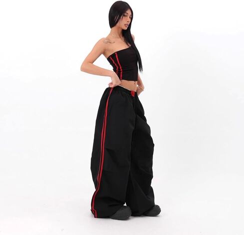 Women's Y2K Baggy Cargo Parachute Pants Elastic Waist Wide Leg Lightweight Quick-Dry Contrast Stripe American Retro in Saudi Arabia