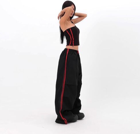Women's Y2K Baggy Cargo Parachute Pants Elastic Waist Wide Leg Lightweight Quick-Dry Contrast Stripe American Retro in Saudi Arabia