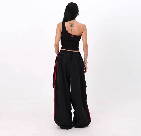 Women's Y2K Baggy Cargo Parachute Pants Elastic Waist Wide Leg Lightweight Quick-Dry Contrast Stripe American Retro in Saudi Arabia