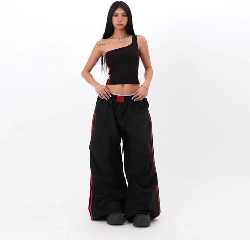 Women's Y2K Baggy Cargo Parachute Pants Elastic Waist Wide Leg Lightweight Quick-Dry Contrast Stripe American Retro in Saudi Arabia