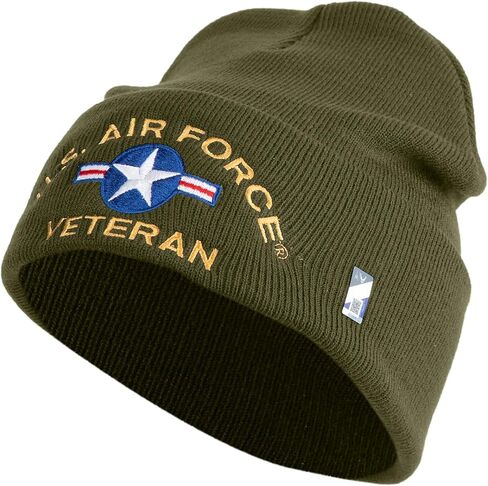 U.S. Airforce Veteran with Roundel Logo Embroidered 12 Inch Solid Knit Cuff Long Beanie Made in USA in Saudi Arabia