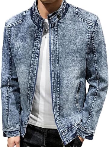 Men's Denim Shirt Jacket With Banded Collar Distressed Moto Style Full Zip Long Sleeve Outerwear in Saudi Arabia