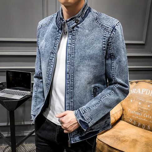Men's Denim Shirt Jacket With Banded Collar Distressed Moto Style Full Zip Long Sleeve Outerwear in Saudi Arabia