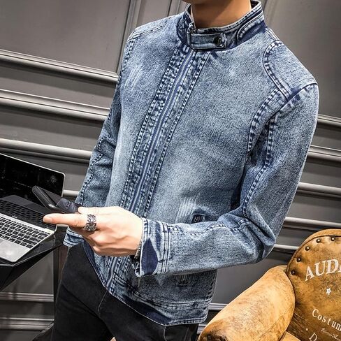 Men's Denim Shirt Jacket With Banded Collar Distressed Moto Style Full Zip Long Sleeve Outerwear in Saudi Arabia
