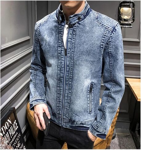 Men's Denim Shirt Jacket With Banded Collar Distressed Moto Style Full Zip Long Sleeve Outerwear in Saudi Arabia