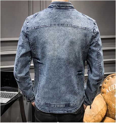 Men's Denim Shirt Jacket With Banded Collar Distressed Moto Style Full Zip Long Sleeve Outerwear in Saudi Arabia
