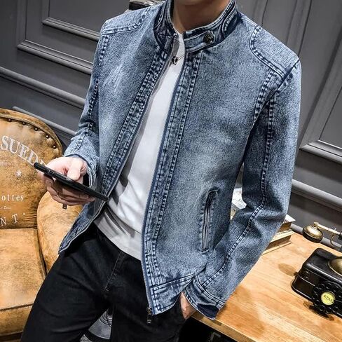Men's Denim Shirt Jacket With Banded Collar Distressed Moto Style Full Zip Long Sleeve Outerwear in Saudi Arabia