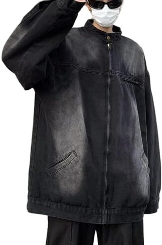 Men's Denim Shirt Jacket With Banded Collar Distressed Moto Style Full Zip Long Sleeve Outerwear in Saudi Arabia