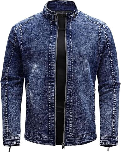 Men's Denim Shirt Jacket With Banded Collar Distressed Moto Style Full Zip Long Sleeve Outerwear in Saudi Arabia