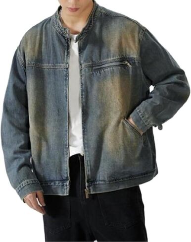 Men's Denim Shirt Jacket With Banded Collar Distressed Moto Style Full Zip Long Sleeve Outerwear in Saudi Arabia