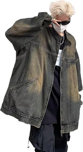 Men's Denim Shirt Jacket With Banded Collar Distressed Moto Style Full Zip Long Sleeve Outerwear in Saudi Arabia