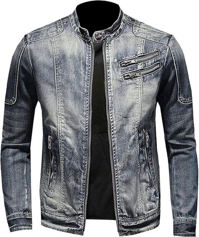 Men's Denim Shirt Jacket With Banded Collar Distressed Moto Style Full Zip Long Sleeve Outerwear in Saudi Arabia