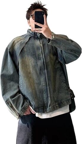 Men's Denim Shirt Jacket With Banded Collar Distressed Moto Style Full Zip Long Sleeve Outerwear in Saudi Arabia