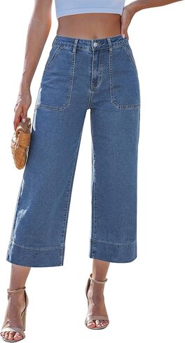 LookbookStore Capri Jeans for Women Wide Leg Trendy High Waisted Baggy Straight Casual Summer Stretch Denim Capris Pants in Saudi Arabia