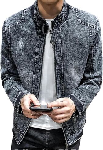 Men's Denim Shirt Jacket With Banded Collar Distressed Moto Style Full Zip Long Sleeve Outerwear in Saudi Arabia