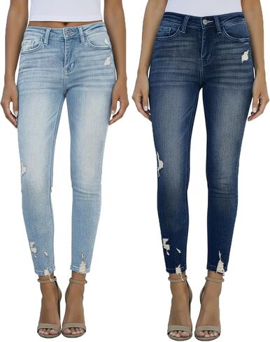 Women's Mid Waisted Jeans Trendy Distressed Stretch Ripped Butt Lift Denim Pants (Pack of 2) in Kuwait