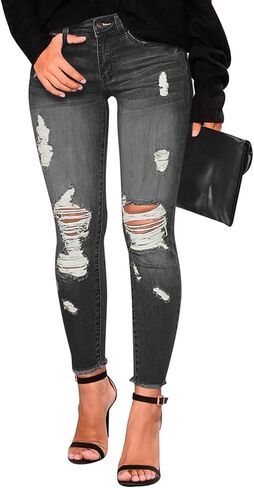 Women's Mid Waisted Jeans Trendy Distressed Stretch Ripped Butt Lift Denim Pants (Pack of 2) in Saudi Arabia