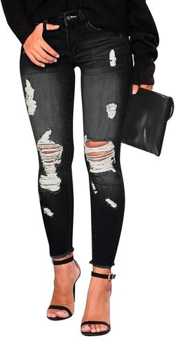 Women's Mid Waisted Jeans Trendy Distressed Stretch Ripped Butt Lift Denim Pants (Pack of 2) in Kuwait