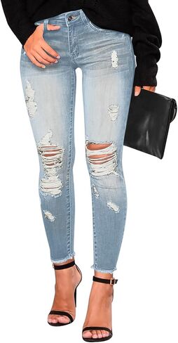 Women's Mid Waisted Jeans Trendy Distressed Stretch Ripped Butt Lift Denim Pants (Pack of 2) in Saudi Arabia