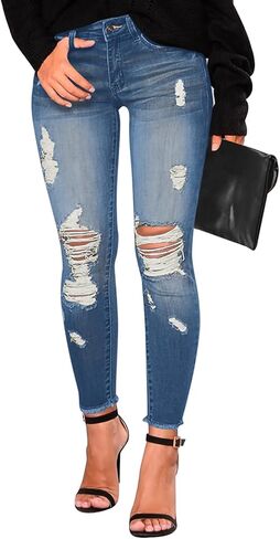 Women's Mid Waisted Jeans Trendy Distressed Stretch Ripped Butt Lift Denim Pants (Pack of 2) in Saudi Arabia