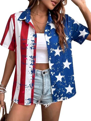 Patriotic Shirt Women American Flag Shirts Funny 4th of July Tops Red White Blue Graphic Tees USA Button Up Outfits in Kuwait