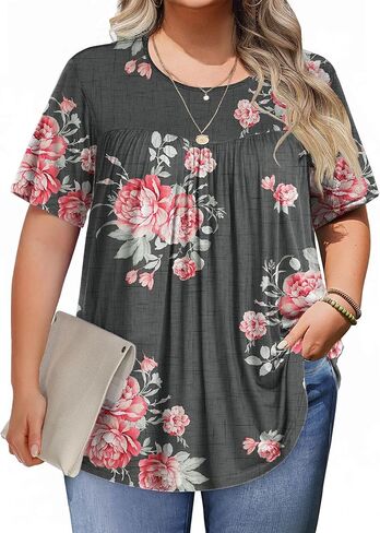 IN'VOLAND Women Plus Size Short Sleeve Tops Summer Casual Pleated Crew Neck T-Shirts in Saudi Arabia