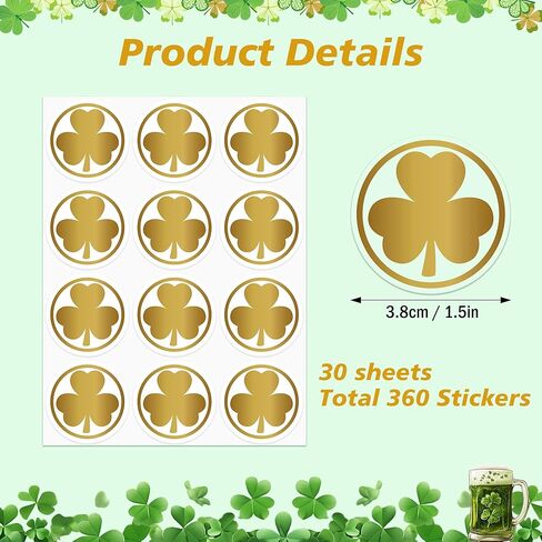 Lucleag 360 PCS Glitter Gold St. Patrick's Day Stickers for Envelopes, Golden Shamrock Stickers Gold Clover Sticker for St. Patrick's Day Envelope Seal Gift Present Party Supplies, 1.5 in in Saudi Arabia