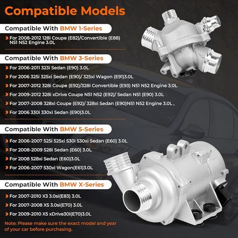 Electric Engine Water Pump 11517586925+Aluminium Thermostat 11537549476 Compatible with 2006-2012 BMW 128i 323i 325i 325xi 328i 328xi 330i 330xi 525i 525xi 528i 528xi 530i 530xi X3 X5 E91 E90 N51 3.0L in Kuwait