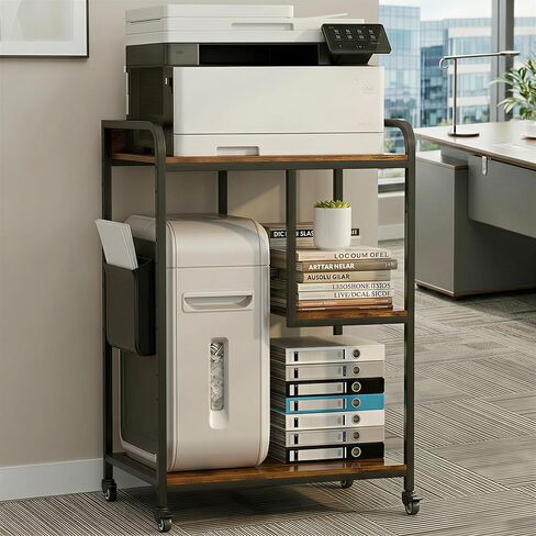 حامل طابعة HAAYOT مع مساحة تخزين: طاولة طابعة ثلاثية الطبقات بطول 40 بوصة وعربة بعجلات، رف قابل للتعديل يسار/يمين للمكتب المنزلي وبرج الكمبيوتر الشخصي وآلة تمزيق الورق، بني ريفي in Kuwait