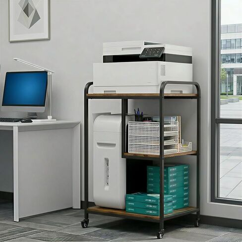 حامل طابعة HAAYOT مع مساحة تخزين: طاولة طابعة ثلاثية الطبقات بطول 40 بوصة وعربة بعجلات، رف قابل للتعديل يسار/يمين للمكتب المنزلي وبرج الكمبيوتر الشخصي وآلة تمزيق الورق، بني ريفي in Kuwait