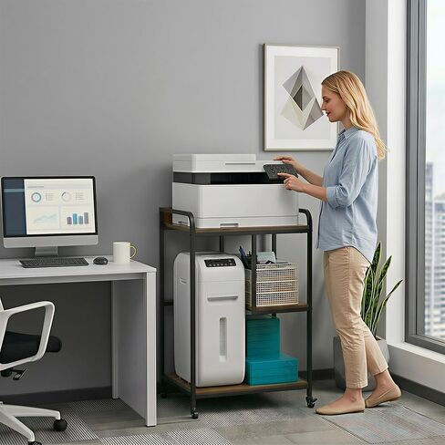 حامل طابعة HAAYOT مع مساحة تخزين: طاولة طابعة ثلاثية الطبقات بطول 40 بوصة وعربة بعجلات، رف قابل للتعديل يسار/يمين للمكتب المنزلي وبرج الكمبيوتر الشخصي وآلة تمزيق الورق، بني ريفي in Kuwait