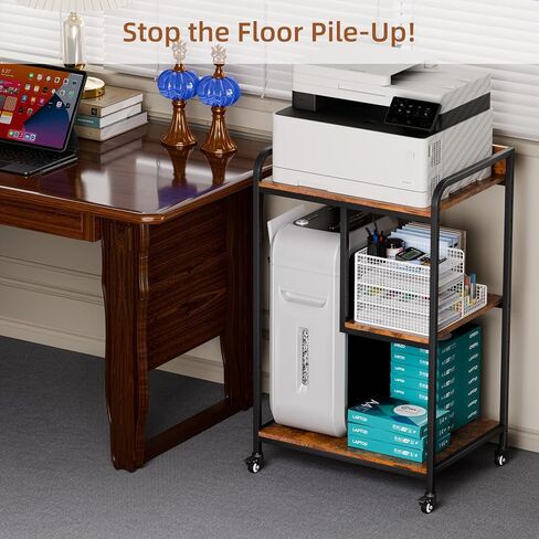 حامل طابعة HAAYOT مع مساحة تخزين: طاولة طابعة ثلاثية الطبقات بطول 40 بوصة وعربة بعجلات، رف قابل للتعديل يسار/يمين للمكتب المنزلي وبرج الكمبيوتر الشخصي وآلة تمزيق الورق، بني ريفي in Kuwait