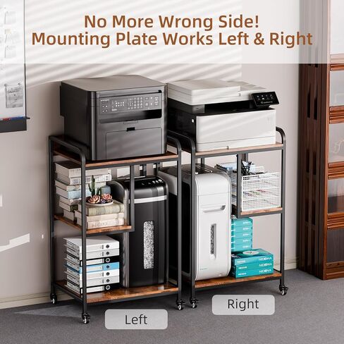 حامل طابعة HAAYOT مع مساحة تخزين: طاولة طابعة ثلاثية الطبقات بطول 40 بوصة وعربة بعجلات، رف قابل للتعديل يسار/يمين للمكتب المنزلي وبرج الكمبيوتر الشخصي وآلة تمزيق الورق، بني ريفي in Kuwait