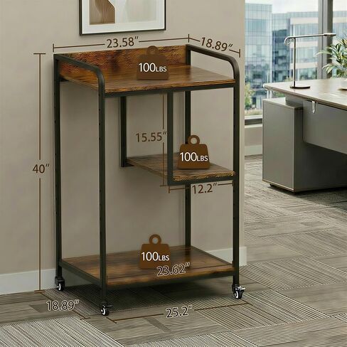 حامل طابعة HAAYOT مع مساحة تخزين: طاولة طابعة ثلاثية الطبقات بطول 40 بوصة وعربة بعجلات، رف قابل للتعديل يسار/يمين للمكتب المنزلي وبرج الكمبيوتر الشخصي وآلة تمزيق الورق، بني ريفي in Kuwait