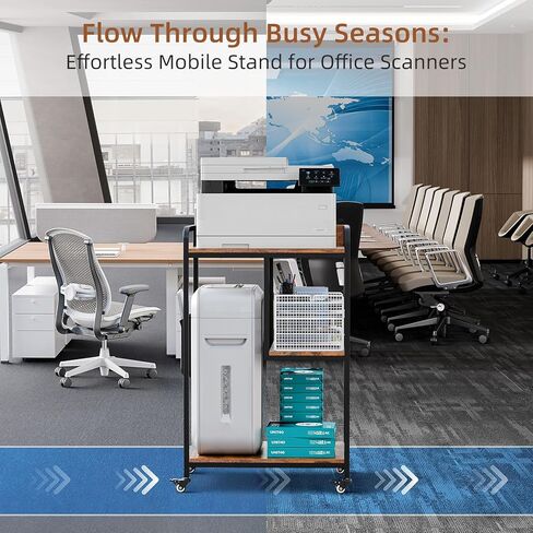 حامل طابعة HAAYOT مع مساحة تخزين: طاولة طابعة ثلاثية الطبقات بطول 40 بوصة وعربة بعجلات، رف قابل للتعديل يسار/يمين للمكتب المنزلي وبرج الكمبيوتر الشخصي وآلة تمزيق الورق، بني ريفي in Kuwait