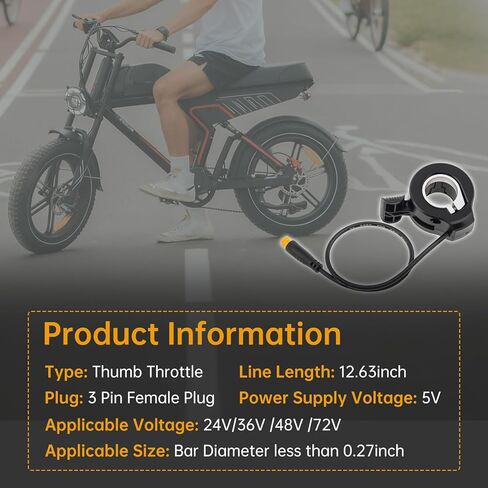 130X Thumb Throttle, Inner Diameter 9 mm 3 Pin Male Connector for Electric Bike/Scooter, 12V-72V Universal Voltage, IPX4 Waterproof, Fits 22.2mm Handlebars,Ambidextrous Design in Kuwait