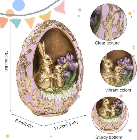 Easter Egg Bunny Figurine, Gold Embossed Resin Decorative Egg Shaped Bunny Decor with Purple Flowers, Spring Rabbit Statue Gifts Indoor Tabletop Centerpiece Mantel Shelf Desk Home Decorations in Kuwait
