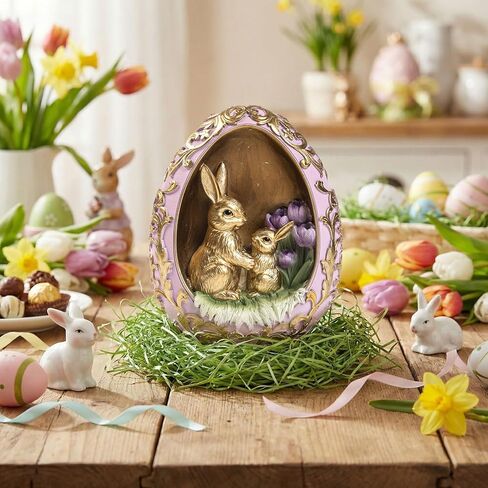 Easter Egg Bunny Figurine, Gold Embossed Resin Decorative Egg Shaped Bunny Decor with Purple Flowers, Spring Rabbit Statue Gifts Indoor Tabletop Centerpiece Mantel Shelf Desk Home Decorations in Kuwait