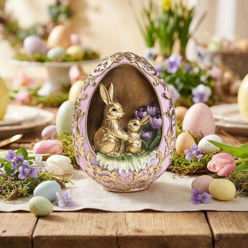 Easter Egg Bunny Figurine, Gold Embossed Resin Decorative Egg Shaped Bunny Decor with Purple Flowers, Spring Rabbit Statue Gifts Indoor Tabletop Centerpiece Mantel Shelf Desk Home Decorations in Kuwait