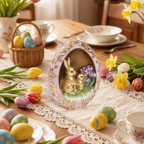 Easter Egg Bunny Figurine, Gold Embossed Resin Decorative Egg Shaped Bunny Decor with Purple Flowers, Spring Rabbit Statue Gifts Indoor Tabletop Centerpiece Mantel Shelf Desk Home Decorations in Kuwait