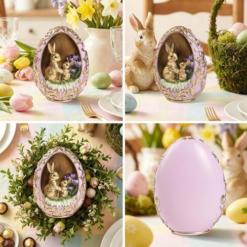 Easter Egg Bunny Figurine, Gold Embossed Resin Decorative Egg Shaped Bunny Decor with Purple Flowers, Spring Rabbit Statue Gifts Indoor Tabletop Centerpiece Mantel Shelf Desk Home Decorations in Kuwait