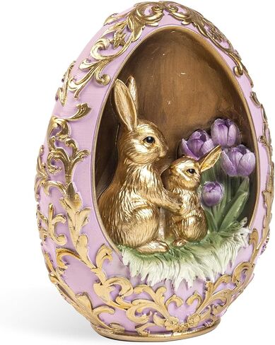 Easter Egg Bunny Figurine, Gold Embossed Resin Decorative Egg Shaped Bunny Decor with Purple Flowers, Spring Rabbit Statue Gifts Indoor Tabletop Centerpiece Mantel Shelf Desk Home Decorations in Kuwait