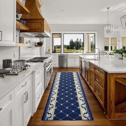سجادة عداء مصنوعة حسب الطلب، كومة منخفضة مع دعامة مطاطية لمدخل بهو المطبخ، اختر مقاس الطول الخاص بك 26 بوصة، تصميم فلور دي ليز، تصميم فرنسي أزرق اللون (6 أقدام × 26 بوصة) in Kuwait