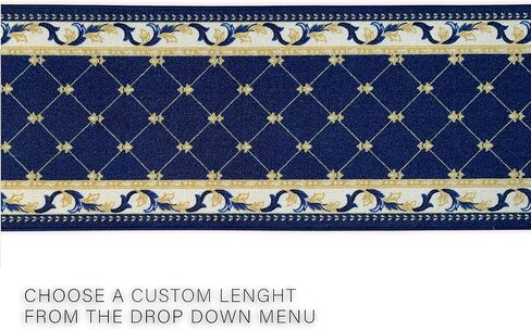 سجادة عداء مصنوعة حسب الطلب، كومة منخفضة مع دعامة مطاطية لمدخل بهو المطبخ، اختر مقاس الطول الخاص بك 26 بوصة، تصميم فلور دي ليز، تصميم فرنسي أزرق اللون (6 أقدام × 26 بوصة) in Kuwait