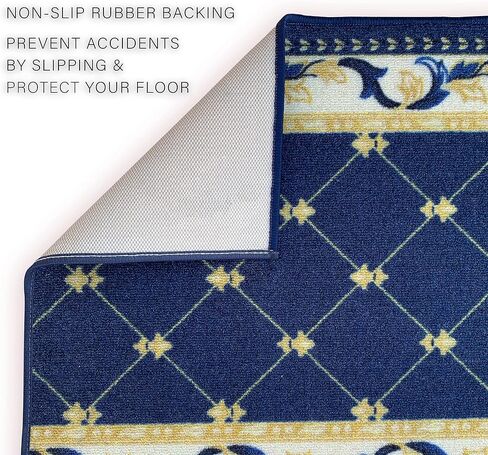 سجادة عداء مصنوعة حسب الطلب، كومة منخفضة مع دعامة مطاطية لمدخل بهو المطبخ، اختر مقاس الطول الخاص بك 26 بوصة، تصميم فلور دي ليز، تصميم فرنسي أزرق اللون (6 أقدام × 26 بوصة) in Kuwait