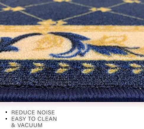 سجادة عداء مصنوعة حسب الطلب، كومة منخفضة مع دعامة مطاطية لمدخل بهو المطبخ، اختر مقاس الطول الخاص بك 26 بوصة، تصميم فلور دي ليز، تصميم فرنسي أزرق اللون (6 أقدام × 26 بوصة) in Kuwait